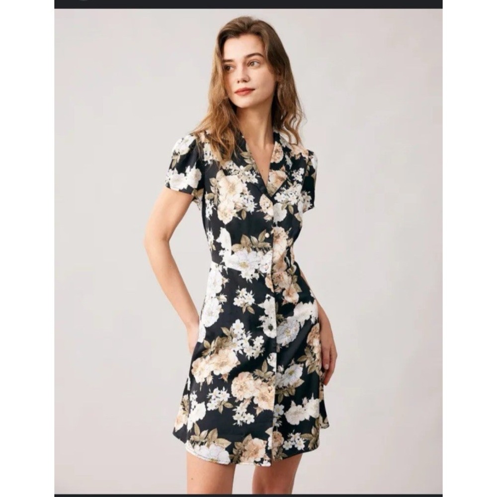 RIHOAS Womens Dark Floral Button Down Puff Sleeve Cottage Mini Dress Size L Chic
